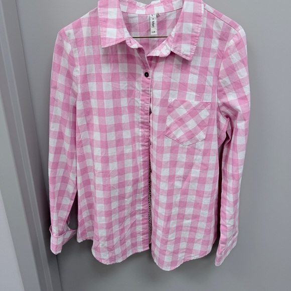 Lori & Mari Boutique Pink Checkered Shirt with open back Lace detail‎ Sz Large - Picture 7 of 10